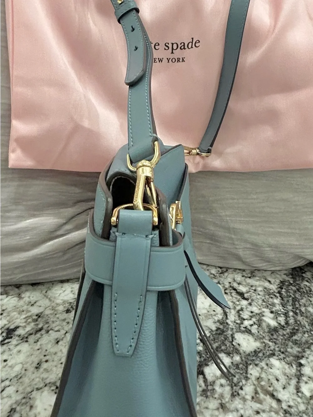 kate spade light blue leather crossbody with gold hardware